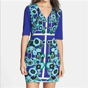 Plenty by Tracy Reese Juana Blue & Green Floral Half Sleeve Shift Dress Size 14